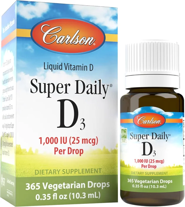 Carlson Super Daily D3 liquid vitamin D drops, box and 10.3 mL dropper bottle