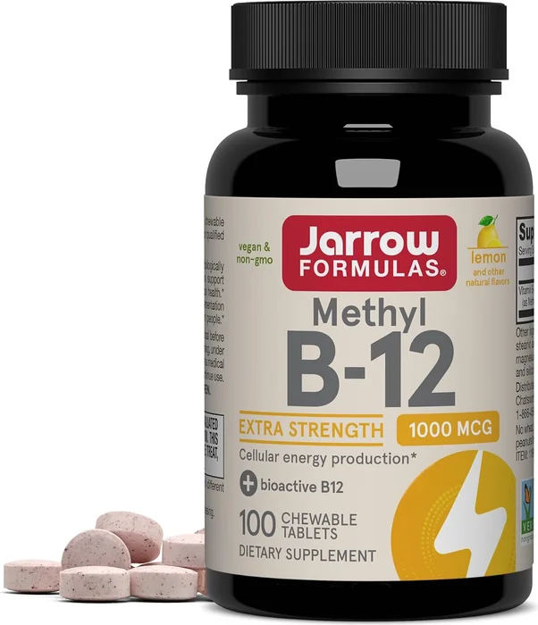 Jarrow Formulas Methyl B-12 1000 mcg lemon chewable tablets, 100-count bottle with loose tablets
