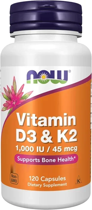 NOW Vitamin D-3 and K-2 veg capsules, 120-count bottle